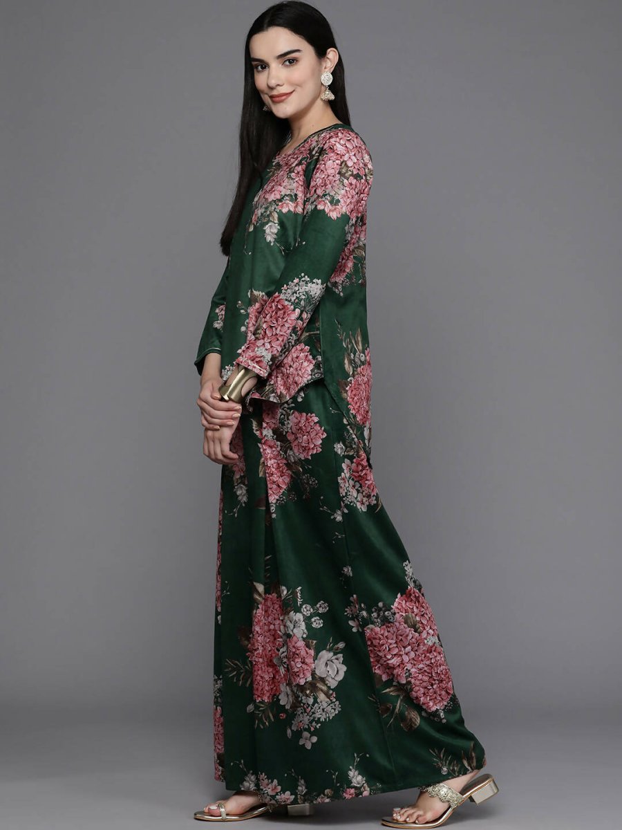 Ahalyaa Women Floral Printed Velvet Tunic with Palazzos - Green Color | Grocsy