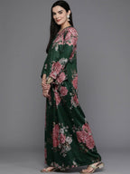 Ahalyaa Women Floral Printed Velvet Tunic with Palazzos - Green Color | Grocsy