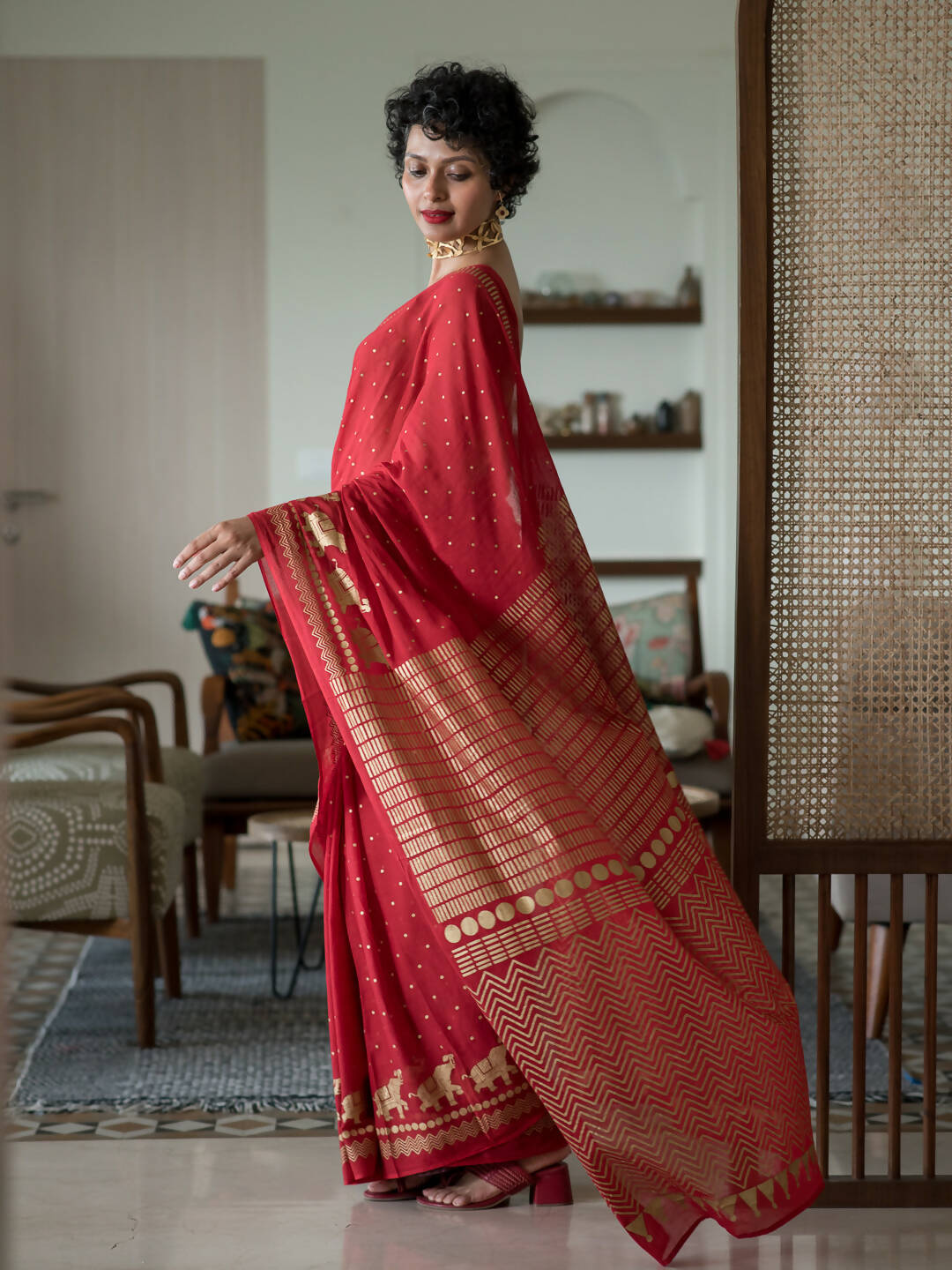 Suta Red Polka Dots Cotton Blend Saree | Grocsy