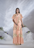 Peach Crepe Satin Silk Designer Ready to wear saree with stithced Blouse - Mohmanthan Aura | Grocsy