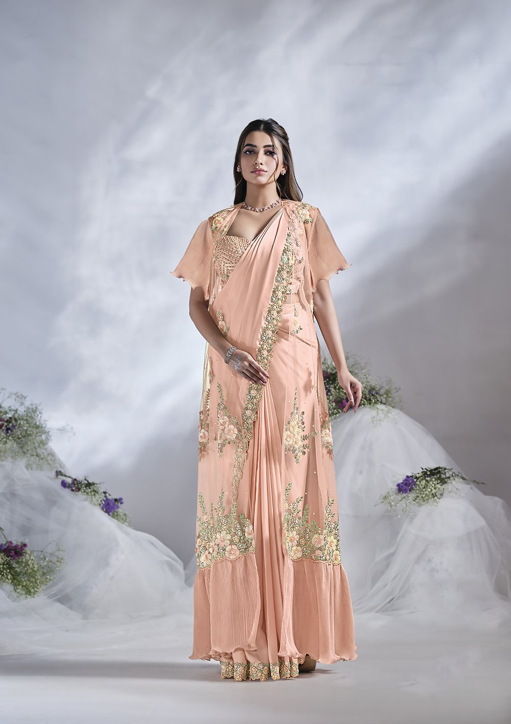 Peach Crepe Satin Silk Designer Ready to wear saree with stithced Blouse - Mohmanthan Aura | Grocsy