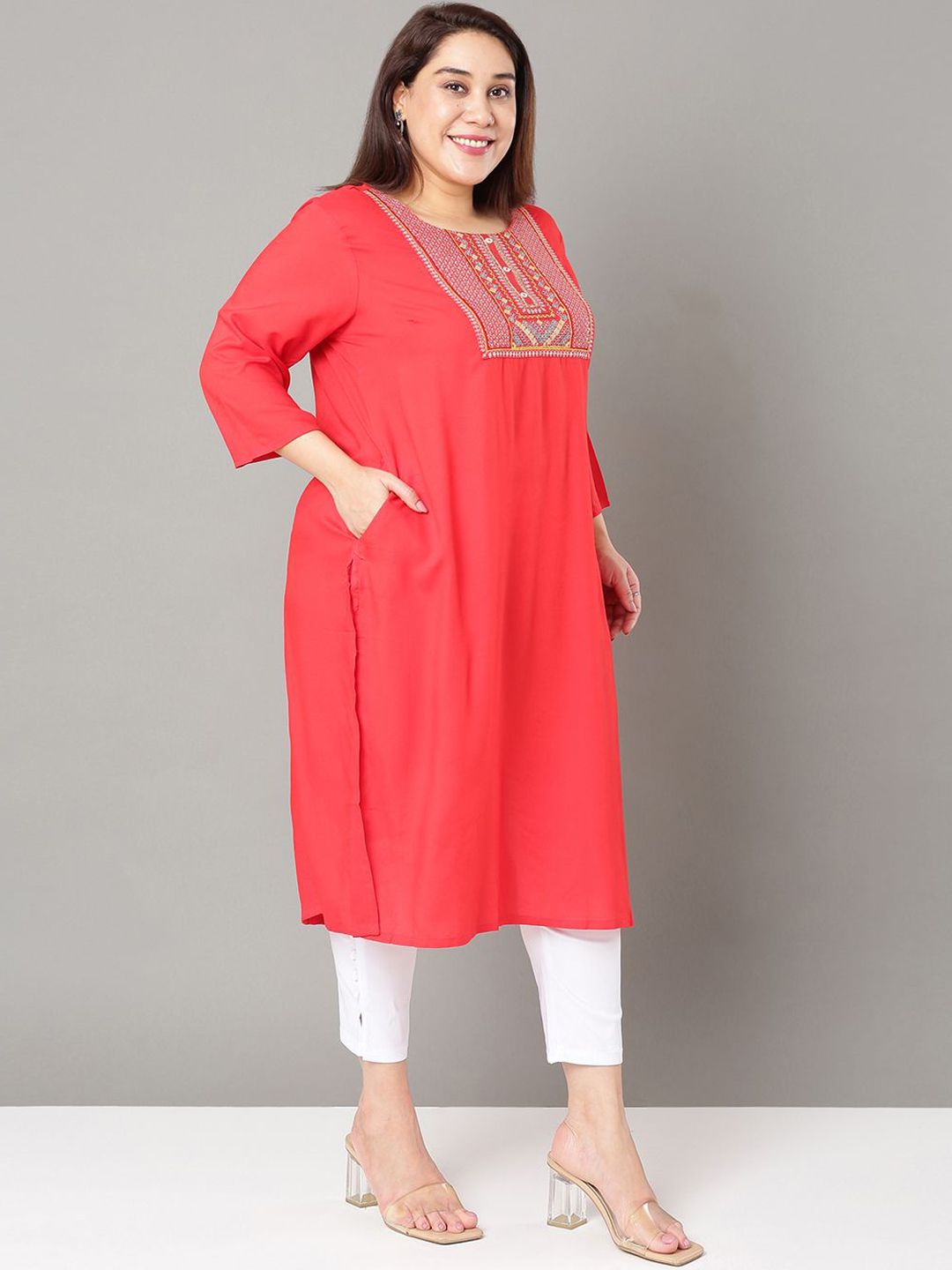 Sztori Floral Embroidered Yoke Design Sequined Straight Kurta | Grocsy