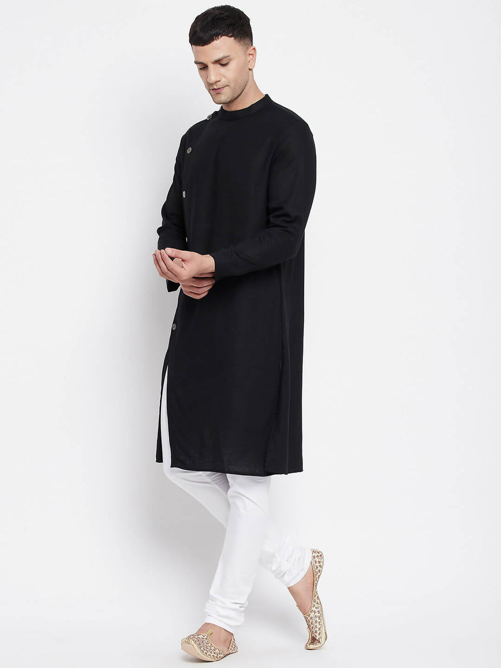 Even Apparels Black Pure Cotton Men's Sherwani Kurta With Asymetrical Cut | Grocsy