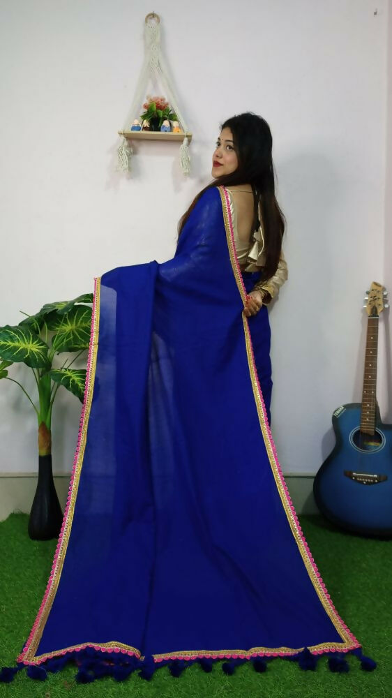 Exclusive Collection Beautiful Khadi Cotton Handloom Saree With Beautiful Zari Border - Royal Blue | Grocsy