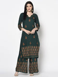 Aniyah Rayon Bottle Green Color Block Print Straight Kurta Palazzo Set (AN-217K) | Grocsy