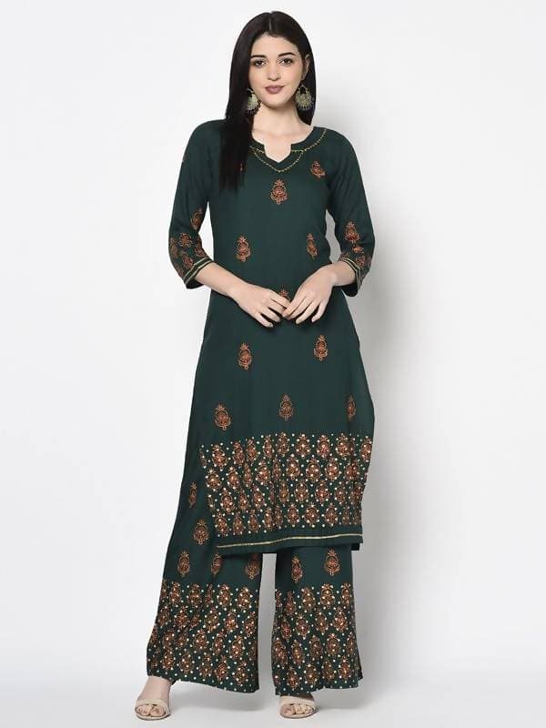 Aniyah Rayon Bottle Green Color Block Print Straight Kurta Palazzo Set (AN-217K) | Grocsy