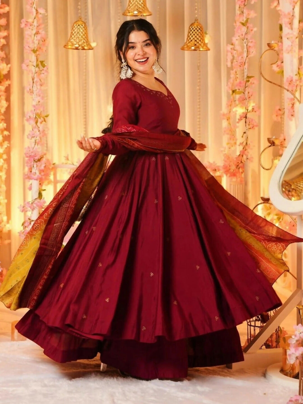 The52 Women's Beautiful Printed Work Viscose Fabric Flared Anarkali Palazzo and Dupatta Set-Maroon | Grocsy