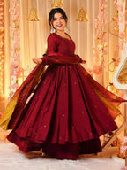 The52 Women's Beautiful Printed Work Viscose Fabric Flared Anarkali Palazzo and Dupatta Set-Maroon | Grocsy