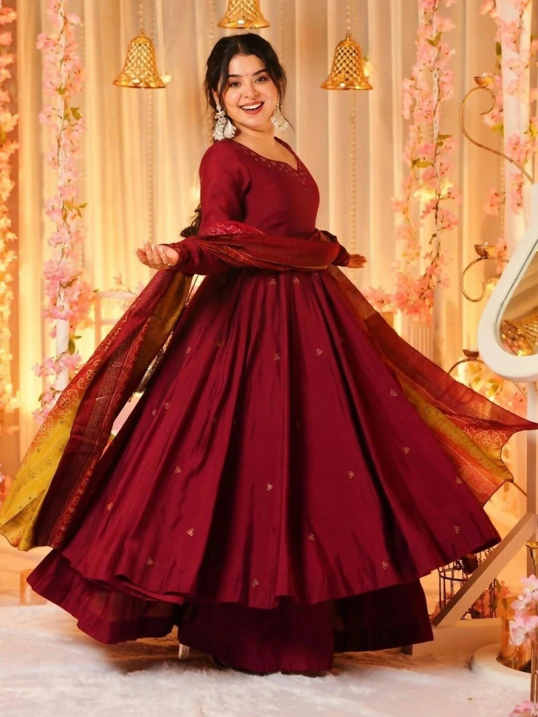 The52 Women's Beautiful Printed Work Viscose Fabric Flared Anarkali Palazzo and Dupatta Set-Maroon | Grocsy