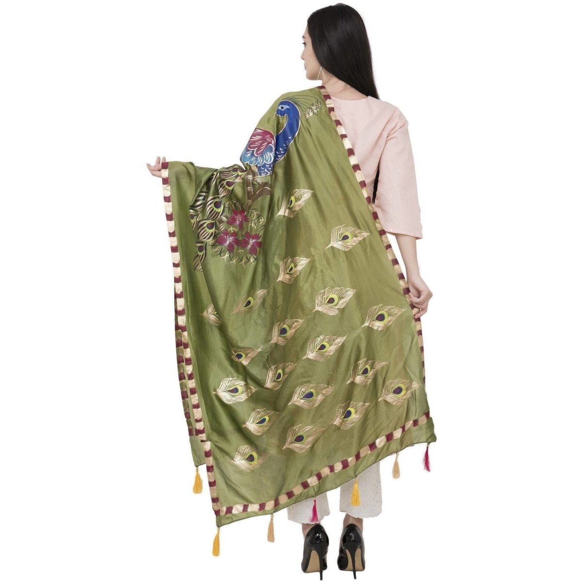 A R Silk Silk Peacock Multi Fancy Dupatta Color Mehendi Green Dupatta or Chunni | Grocsy