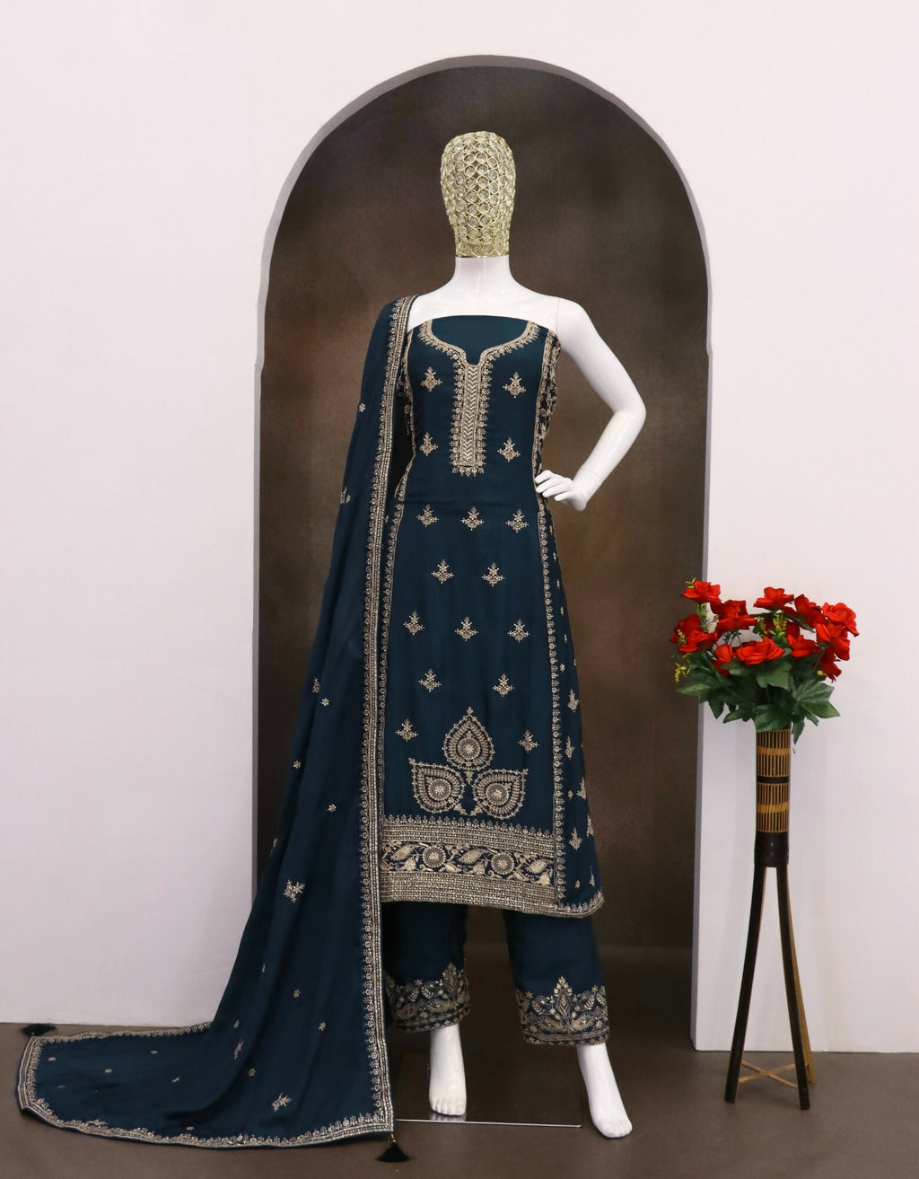 Anaita Teal Green Chinon Silk Stitched Suit with Embroidery & Sequence Work | Grocsy