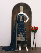Anaita Teal Green Chinon Silk Stitched Suit with Embroidery & Sequence Work | Grocsy