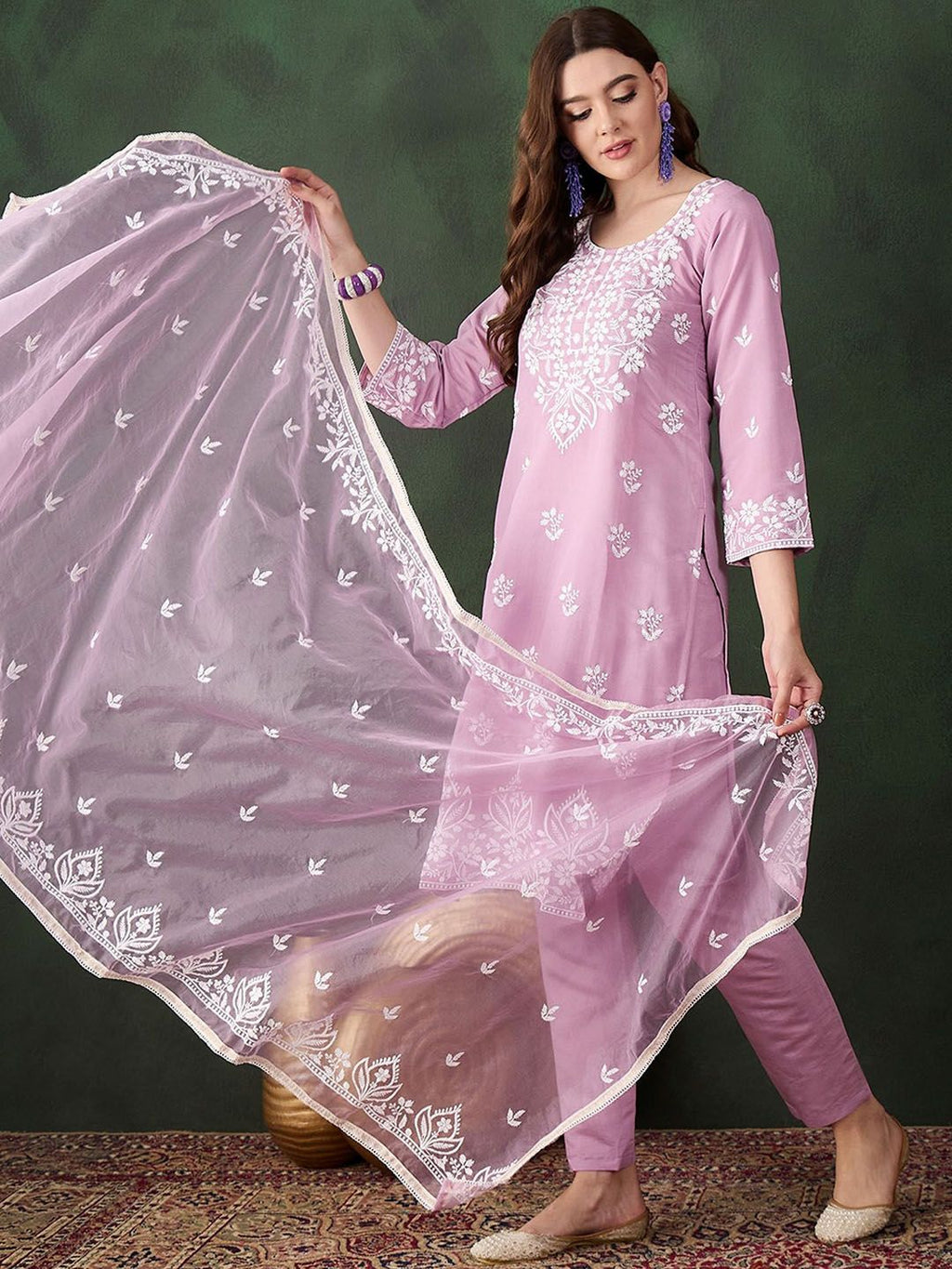 Sangria Lavender Floral Embroidered Thread Work Cotton Kurta & Trouser With Dupatta | Grocsy