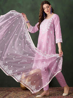 Sangria Lavender Floral Embroidered Thread Work Cotton Kurta & Trouser With Dupatta | Grocsy