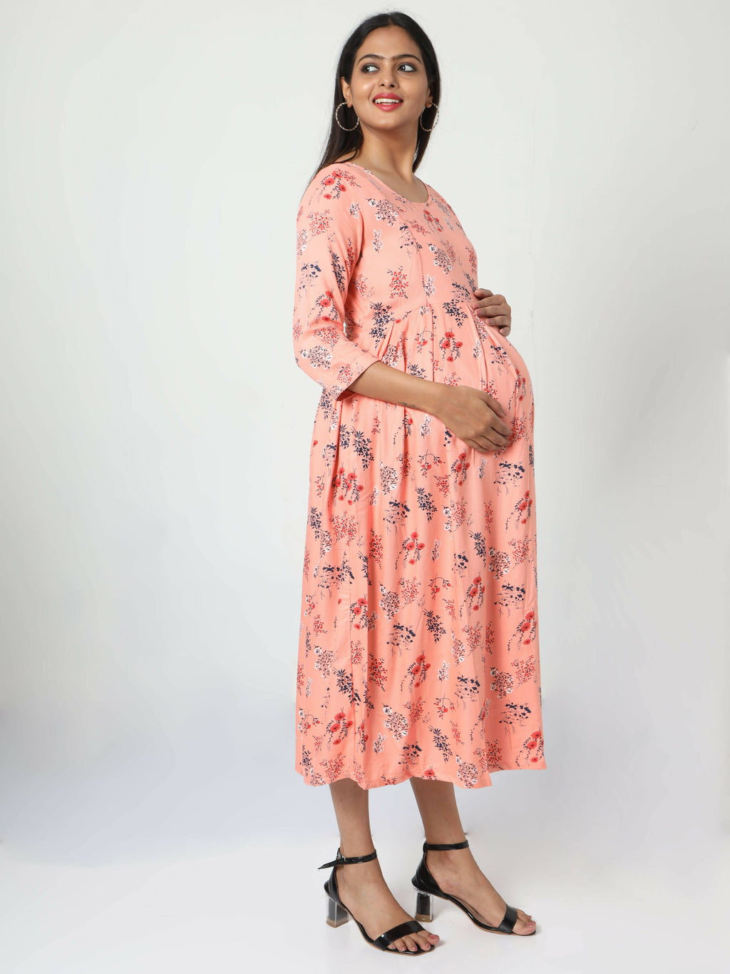 Manet Three Fourth Maternity Dress Floral Print With Concealed Zipper Nursing Access - Orange | Grocsy