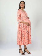 Manet Three Fourth Maternity Dress Floral Print With Concealed Zipper Nursing Access - Orange | Grocsy