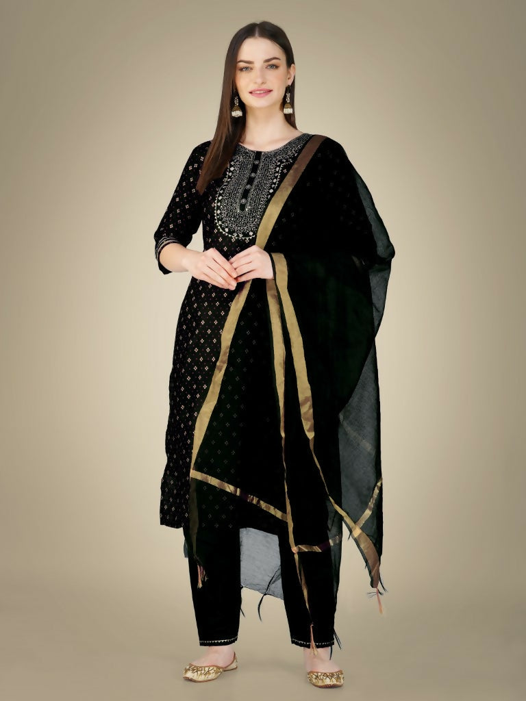 Jyoti Fashion Women's Black Cotton Magic Slub Embroidery & Sequence work Kurta with Trouser & Dupatta | Grocsy