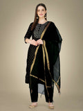 Jyoti Fashion Women's Black Cotton Magic Slub Embroidery & Sequence work Kurta with Trouser & Dupatta | Grocsy