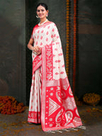 Shree Shyam Fashion Devistuti Red White Linen Cotton Saree | Grocsy
