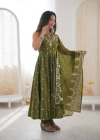 Teeya Creation Green Color Roman Silk Embroidery Work Party Wear Gown | Grocsy