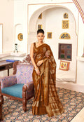 Brown Patta Poly Cotton Aztec Printed Saree With Unstitched Blouse Piece - Shades | Grocsy