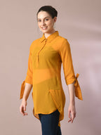 Myshka Women's Yellow Solid Georgette Longline Party Sheer Tunic | Grocsy