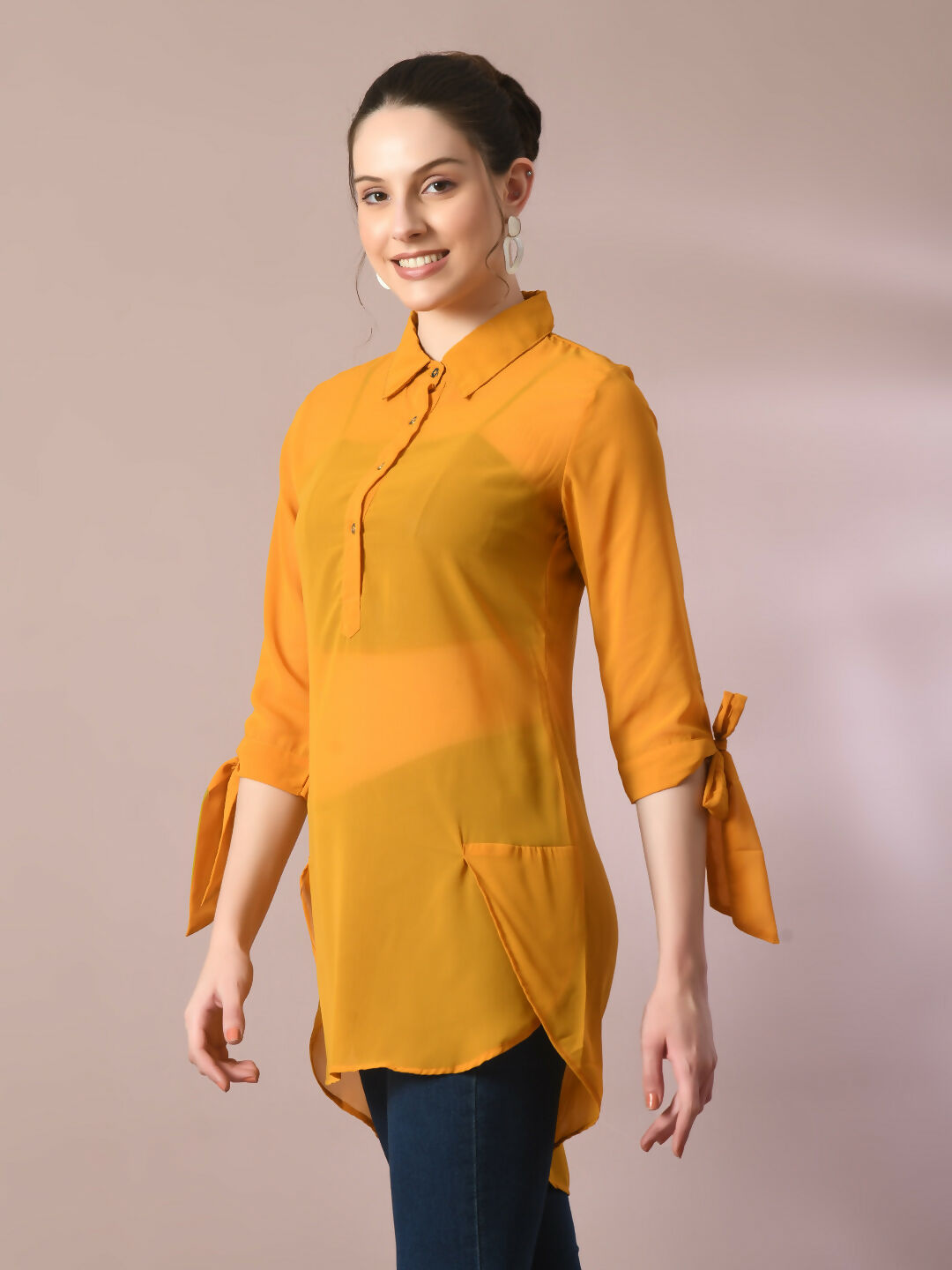 Myshka Women's Yellow Solid Georgette Longline Party Sheer Tunic | Grocsy