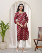 Vaasva Women Maroon Cotton Printed Straight Kurti With Pant | Grocsy