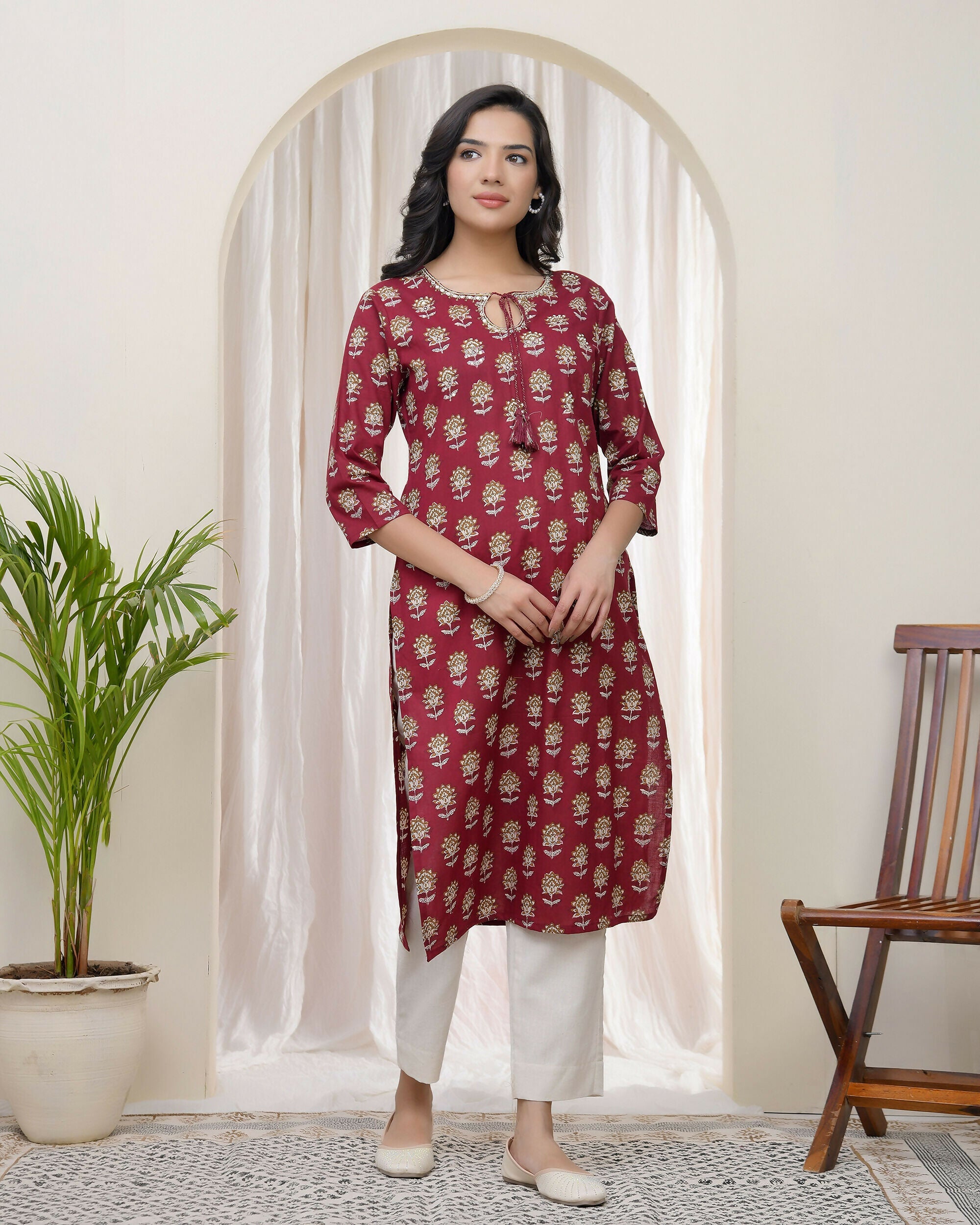 Vaasva Women Maroon Cotton Printed Straight Kurti With Pant | Grocsy