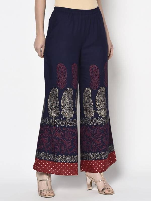 Aniyah Rayon Navy Blue Color Block Print Flared Slip-On Palazzo (AN-178K) | Grocsy