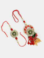 NVR Women & Men Set of 2 Red & Gold Toned Stone-Studded & Beaded Bhaiya Bhabhi Rakhi With Roli Chawal & Chocolate | Grocsy