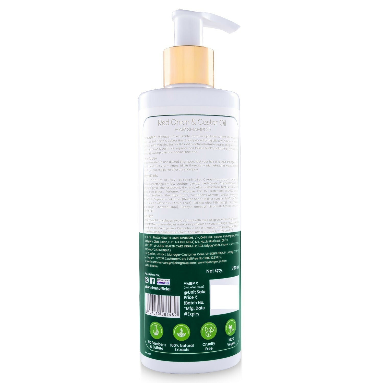 VI-JOHN Prakritik Red Onion & Castor Oil Shampoo Helps with Hair Fall & Re-Growth 100% Bio Actives | Grocsy
