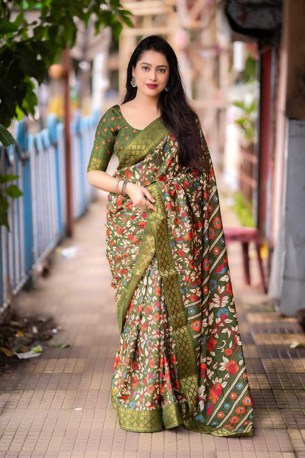 Mehndi Slub Silk Printed Saree with Unstitched Blouse - Hiral Fashion | Grocsy
