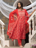 Red Cotton Cambric Printed with Sequins work Anarkali Kurta with Pant & Dupatta - Akashara | Grocsy