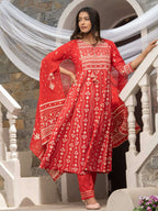 Red Cotton Cambric Printed with Sequins work Anarkali Kurta with Pant & Dupatta - Akashara | Grocsy