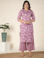 Aramya Pink Soft Cotton Floral Print Straight Kurta Set for Women | Grocsy