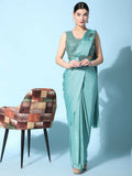 Sea Green Imported Crush Lycra Texture Pattern Ready to Wear Saree with stitched Blouse - Nirvana | Grocsy