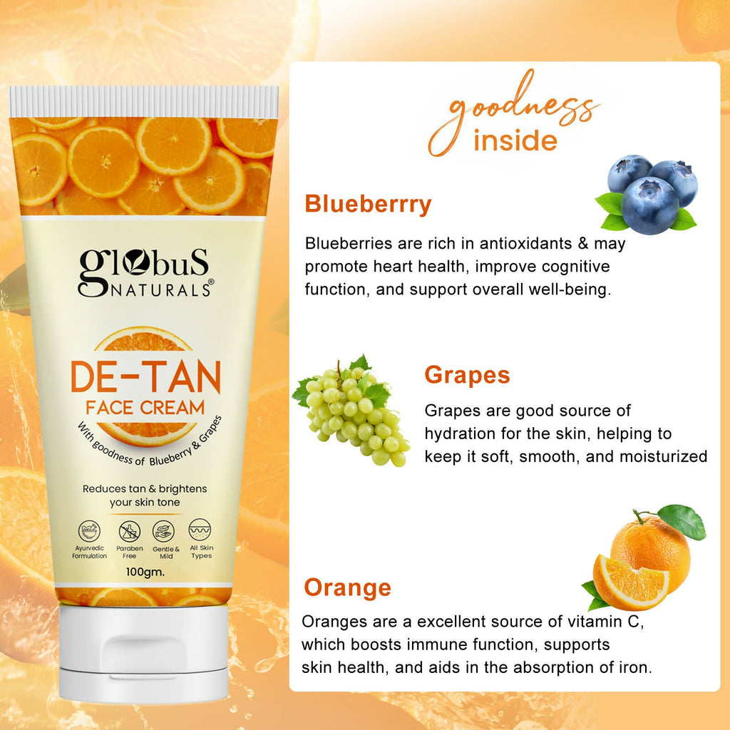 Globus Naturals De Tan Face Cream, Suitable For All Skin Types | Grocsy