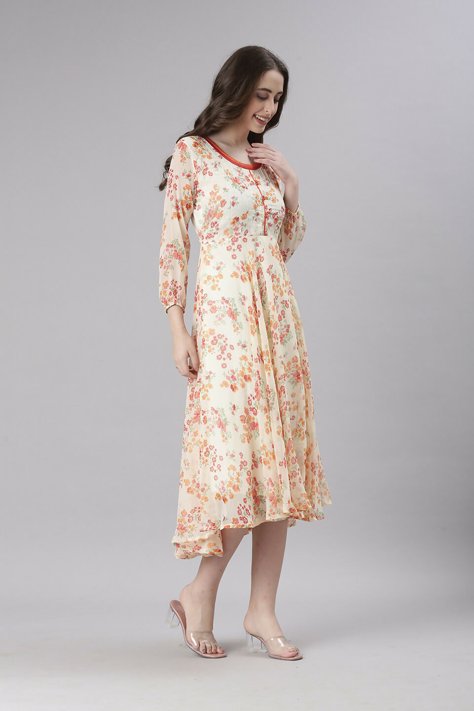 Souchii Cream Floral Printed Fit & Flare Dress | Grocsy