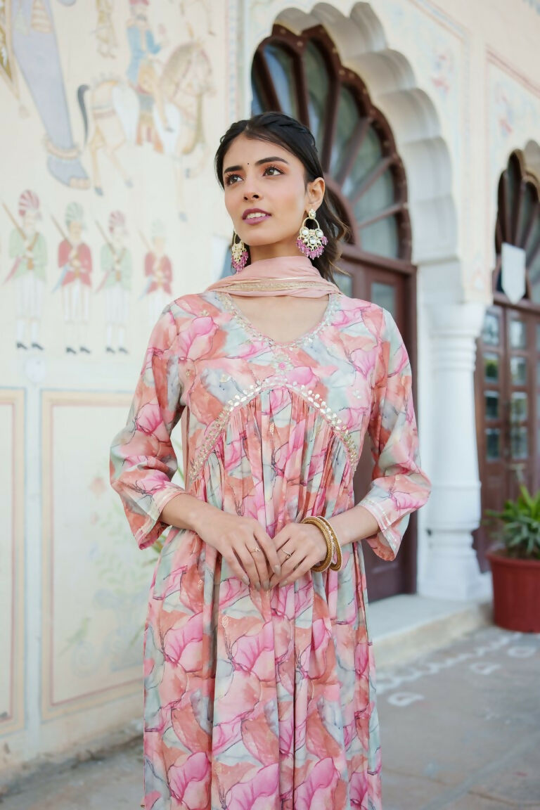 Vaasva Women Peach Muslin Embroidered Kurta, Pant & Dupatta Set | Grocsy