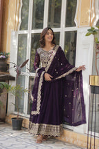Vastranavya Faux Blooming with Embroidery Zari Sequins-work Gown & Dupatta - Purple | Grocsy