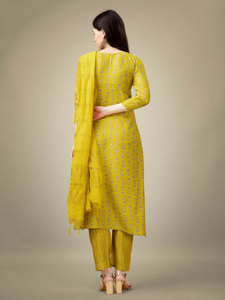 Jyoti Fashion Women's Yellow Rayon Embroidery & Sequence work Kurta with Trouser & Dupatta | Grocsy