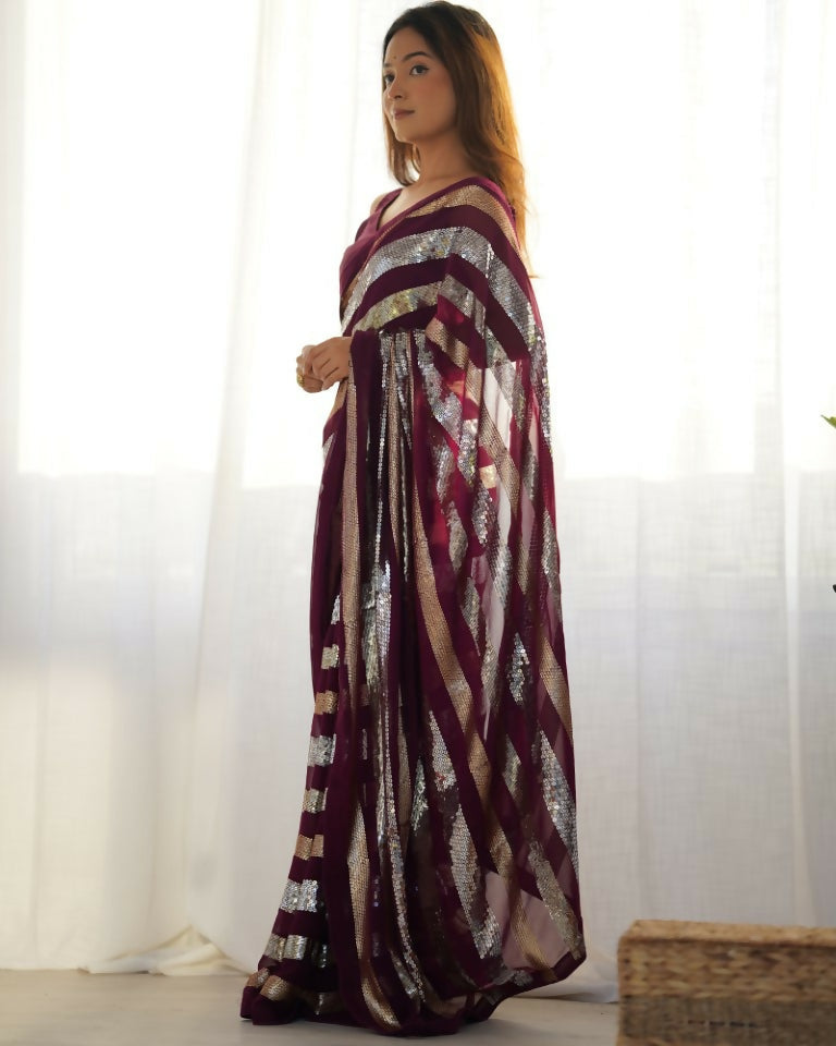 Wine Georgette Sequance Embroidery Work Border Saree - Sitare | Grocsy