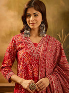 Joban Fashion Printed Red Pure Cotton Kurta Set | Grocsy