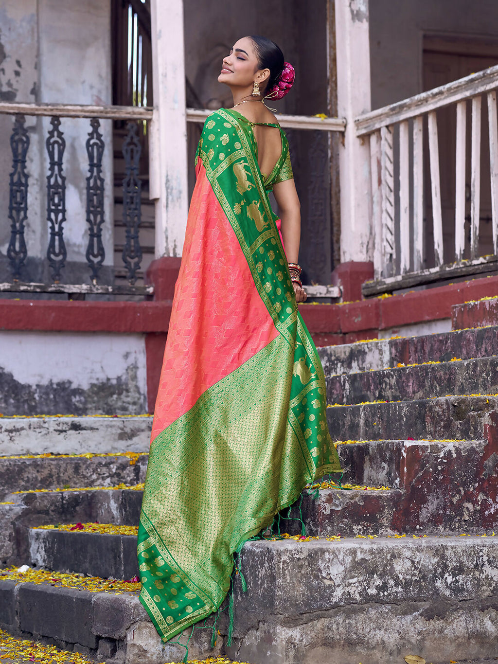 Shree Shyam Fashion Peach Soft Silk Saree | Grocsy
