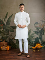 Vastranavya White Exclusive Festival Viscose Silk Thread & Swarovski Embroidered Work Mens Wear Kurta & Koti | Grocsy