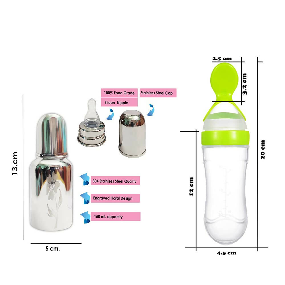 Goodmunchkins Stainless Steel Feeding Bottle & Spoon Food Feeder Anti Colic Silicone Nipple Combo-(Green,150ml) | Grocsy
