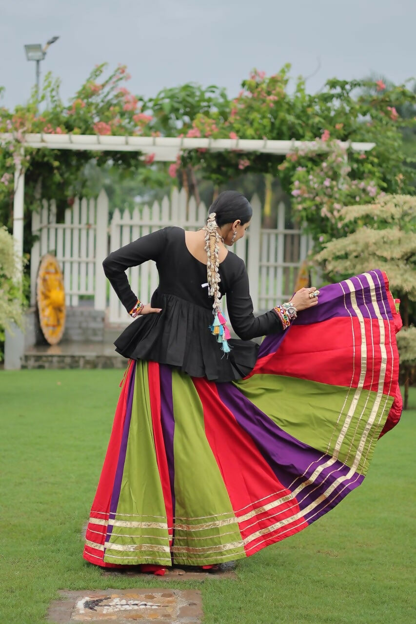 Teeya Creation Multi Colour Reyon Silk Gamathi Work Navratri lehenga Choli | Grocsy