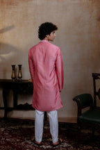 Falling Raw Silk Pink Prism Motif Kurta Set By Hilo Design | Grocsy