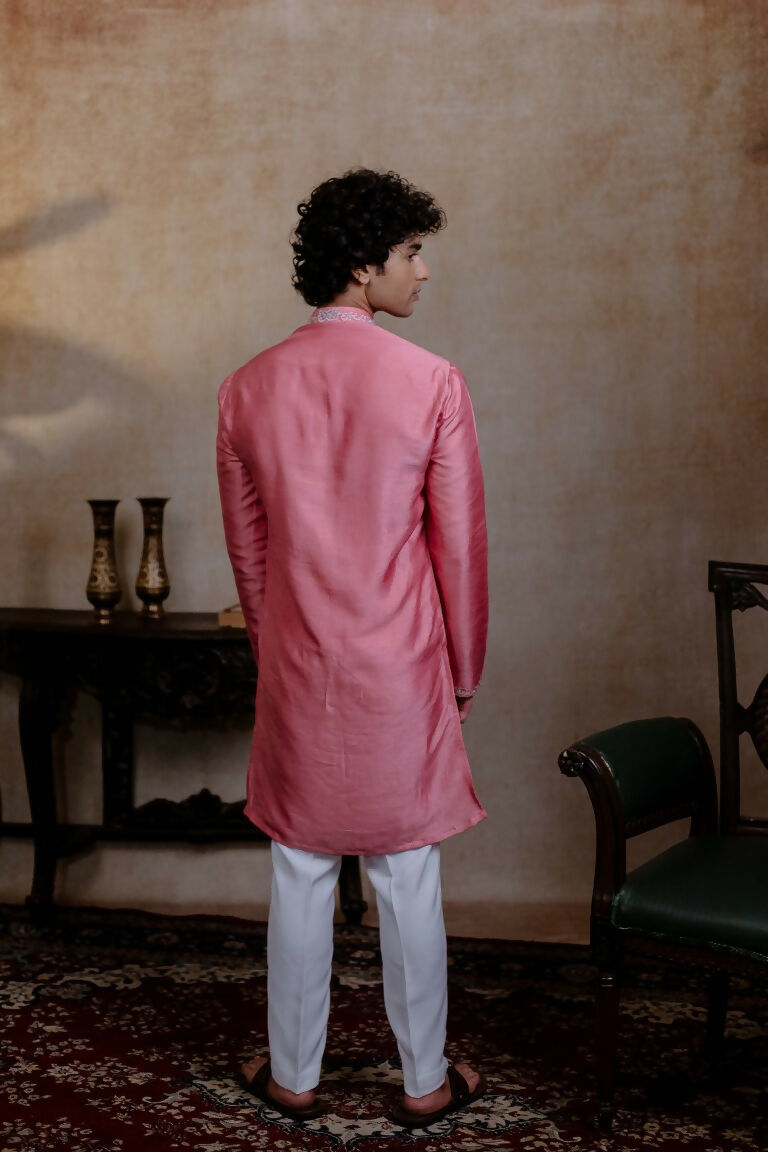 Falling Raw Silk Pink Prism Motif Kurta Set By Hilo Design | Grocsy